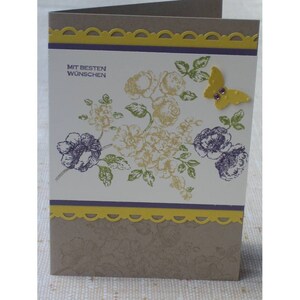 Glückwunschkarte mit Blumen, Geburtstagskarte, handgestempelt
