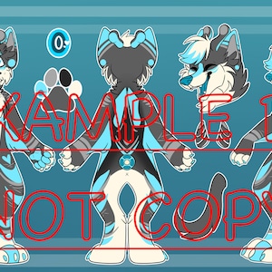 Puede incluir: Una ilustración digital de un personaje peludo con marcas azules, blancas y grises. El personaje se muestra en cuatro poses diferentes, incluyendo una vista de cuerpo completo, una vista lateral y dos retratos. El personaje tiene una expresión amigable y lleva un atuendo con estampado azul y blanco.