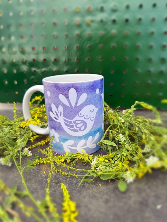 Bird Coffee Mug: Purple & Blue Watercolor Design