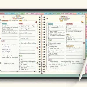 May include: An open digital planner and a notebook are shown. The digital planner displays a daily to-do list. The notebook cover reads "Candy Notes Digital Planner" with decorative elements. A white stylus is next to the digital planner.