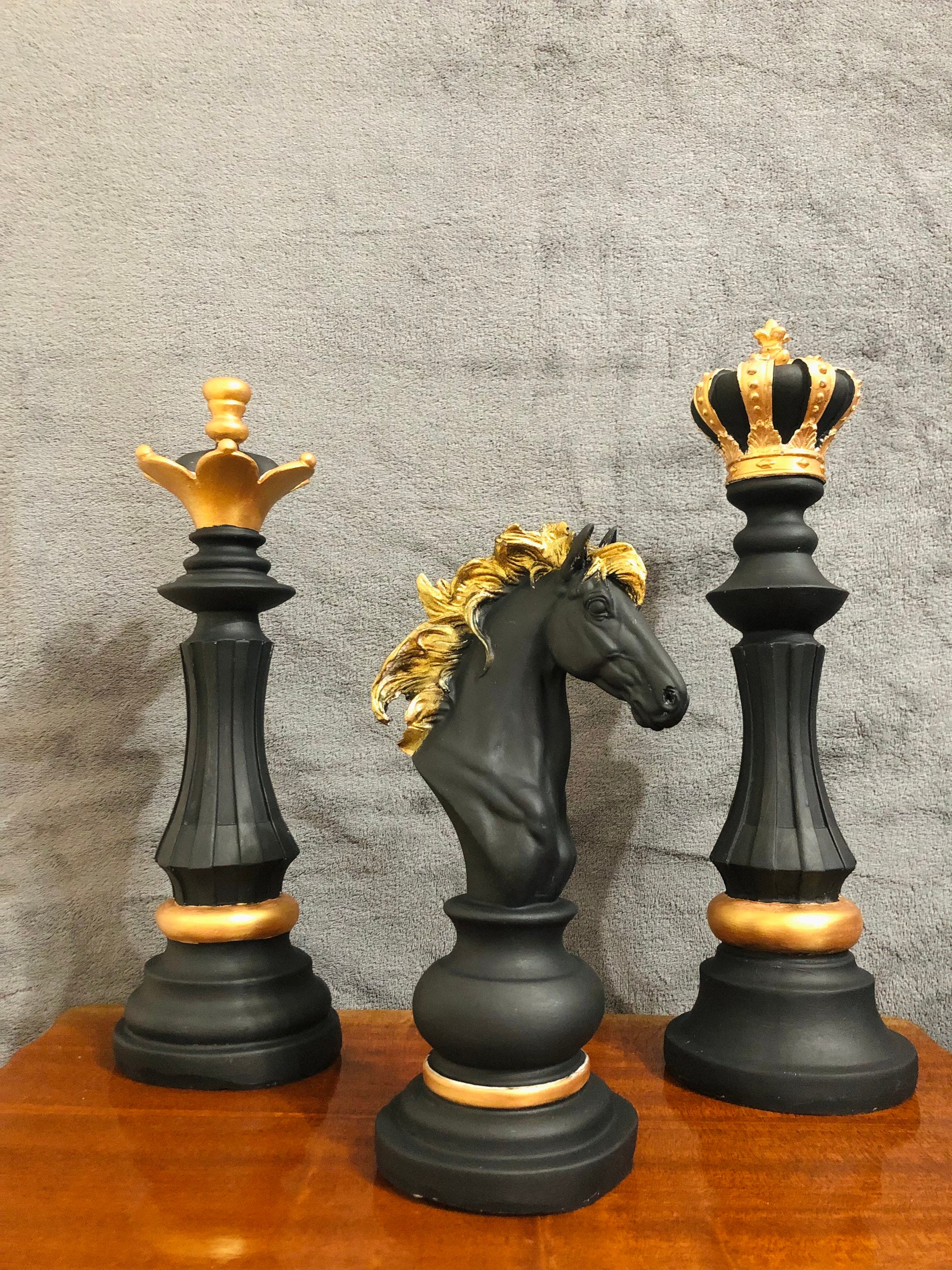 Large Chess Set Statue Sculpture Black Modern Home Decor King Queen Knight