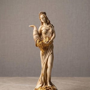 Puede incluir: Una estatua de color crema de una figura con los ojos vendados que lleva una corona y una túnica drapeada. La figura sostiene un gran cuerno de la abundancia lleno de monedas doradas y se apoya sobre una base cubierta de monedas doradas.