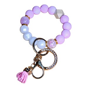 Pink Beaded Wristlet Keychain: Silicone, Acrylic, Rhinestone Tassel