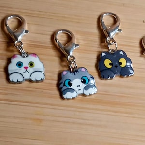 May include: Five silver cat charm keychains with different colored cats. The cats are white with pink ears, orange and white, gray and white, gray, and black and white. Each cat has a different expression on its face.