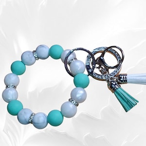 Stretchy Beaded Wristlet Keychain, Marbled White & Mint Silicone Beads with Rhinestone Clasp