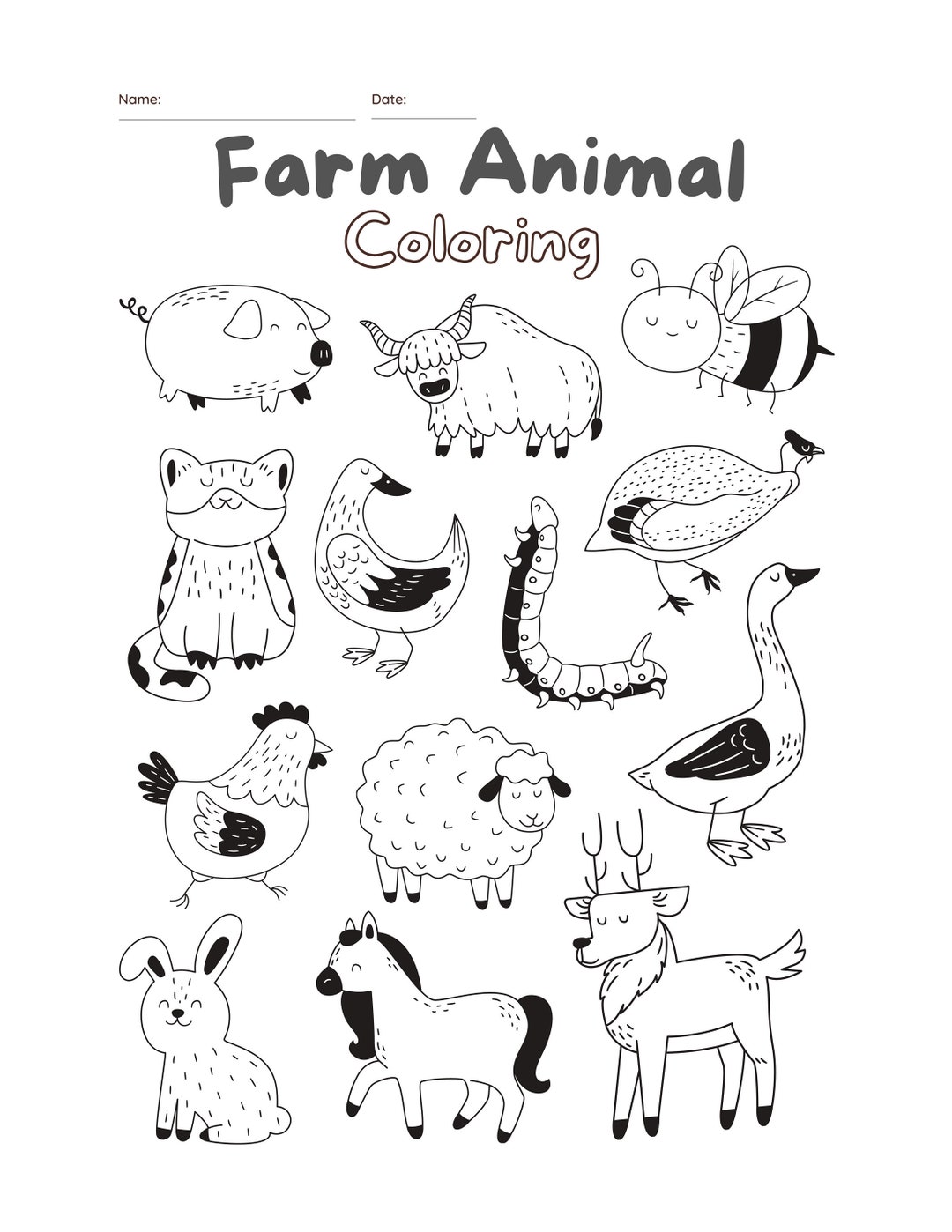 Farm Animal Coloring Page Download and Print Yourself - Etsy