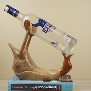 Wooden Duck Sculpture with Bottle Holder, Funny Duck, Bottle Holder, Duck Bottle, Handmade, Hand Carved, Home Decor, Room Decor, Gifts