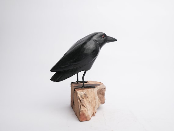 木製のカラスの鳥の彫刻、黒いカラス、鳥の彫刻、手作り、手彫り