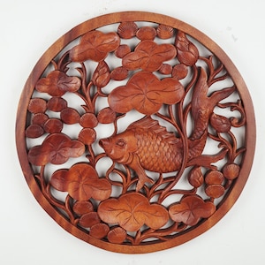 Bali Aquatische Kunst Wall Decor, 40 cm / 15.7 &quot;Inch, Houtsnijwerk, Bloem stijl, Handgemaakt, Handgesneden, Houtsnijwerk, Wall Decor, Kunst aan de muur