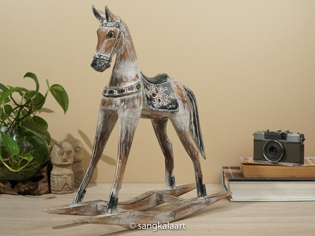 Wooden Rocking Horse Antique White Color, Wood Sculpture, Rocking Horse