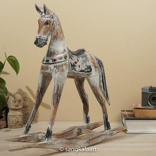 Deevoka Wooden Rocking Horse Figurine Animal Sculpture For Bedroom Bookshelf Cabinet Black