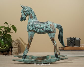 Wooden Rocking Horse Antique Green Color, Horse Figure, Wood Sculpture, Rocking Horse, Horse Decor, Horse Ornament, Home Decor, Gifts