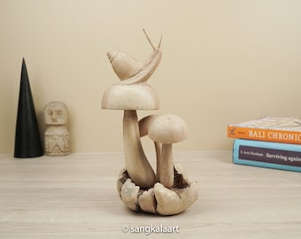 Caracol de madera sobre hongo, tallado a mano, madera parásita, animal, hecho a mano, hecho a mano, escultura, decoración del hogar, decoración de la habitación, regalos