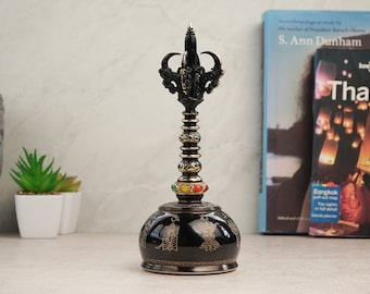 Balinese Genta Bell Zwart Chroom met Balinese Kunstsnijwerk, Handgemaakt, Handgesneden, Home Bell, Yoga, Meditatie, Sound Healing, Yogi's, Geschenken