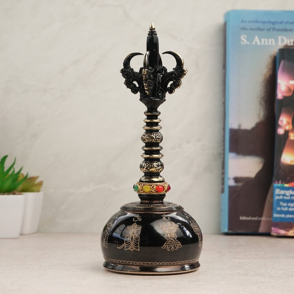 Balinese Genta Bell Black Chrome with Balinese Art carving, Handmade, Hand Carved, Home Bell, Yoga, Meditation, Sound Healing, Yogis, Gifts