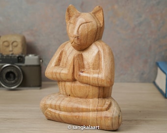 Wooden Yoga Cat, Animal, Ornament, Figure, Hand Carved Statue, Unique Statue, Natural Colour, Office Decor, Home Decor, GIft For Mom, Gift