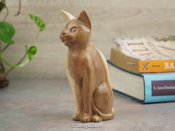 Figurine Chat En Bois Sculpté - Petite Décoration De Bureau, Chevet Ou Salle De Classe - Environ 4.4 Cm