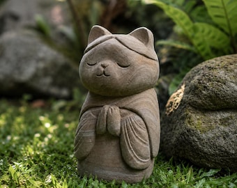 Kattmeditera 7,8"tum / 20 cm, Jizo-staty, Katt Jizo, Kattälskare, Inflyttningsfest, Ornament, Handgjort, Handsnidat, Trädgårdsdekor, Utomhus, Gåvor