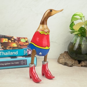 Super Hero Duck Figure 9.8&quot; inch - 7.8 Cm, Duck Statue, Duck Figure, Super Hero, Handmade, Hand Carved, Wood Carving, Housewarming, Ornament