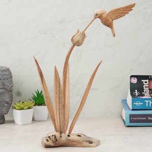 Wooden Hummingbird Feeding on a Flower, Handmade Sculpture, Wood Carving Figure, Bird Statue, Colibri, Home Decor, Birthday, Gift for Her