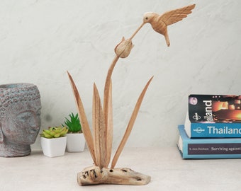 Wooden Hummingbird Feeding on a Flower, Handmade Sculpture, Wood Carving Figure, Bird Statue, Colibri, Home Decor, Birthday, Gift for Her