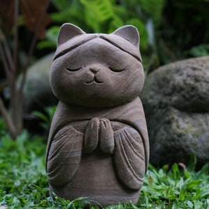 Cat Meditate 7.8inch / 20 Cm, Jizo Statue, Cat Jizo, Cat Lover, Housewarming, Ornament, Handmade, Hand Carved, Garden Decor, Outdoor, Gifts image 6