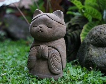 Cat Meditate 7.8"inch / 20 Cm, Jizo Statue, Cat Jizo, Cat Lover, Housewarming, Ornament, Handmade, Hand Carved, Garden Decor, Outdoor, Gifts