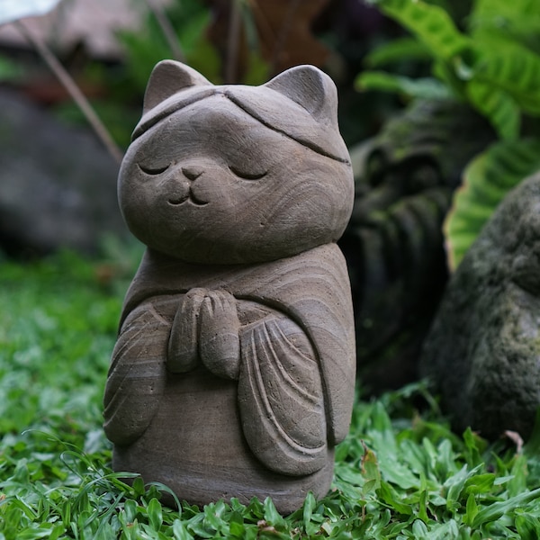 Cat Meditate 7.8"inch / 20 Cm, Jizo Statue, Cat Jizo, Cat Lover, Housewarming, Ornament, Handmade, Hand Carved, Garden Decor, Outdoor, Gifts