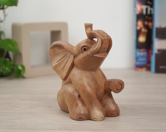 Wooden Elephant Sitting Sculpture, Wood Statue, Wood Carving, Handmade, Hand Carved, Miniature, Housewarming, Home Decor, Room Decor, Gifts