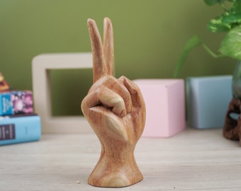 Wooden Statue, Hand Gesture, Peace Sign, Wood Carving, Handmade, Hand Carved, Home Decor, Housewarming, Birthday Gift, Gift For Her