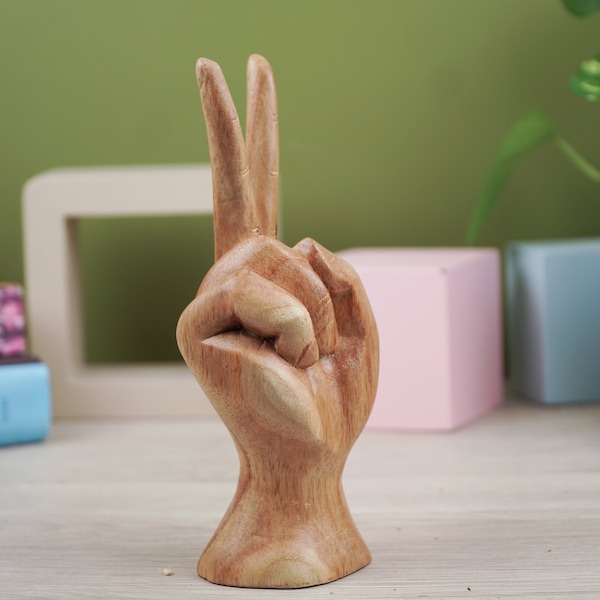 Wooden Statue, Hand Gesture, Peace Sign, Wood Carving, Handmade, Hand Carved, Home Decor, Housewarming, Birthday Gift, Gift For Her