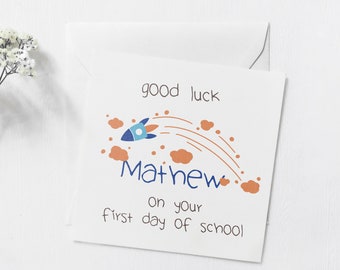 Personalised First Day Of School Card | Good Luck Card With Envelope | Back To School Card | Spaceship Nursery Card | Starting School Card