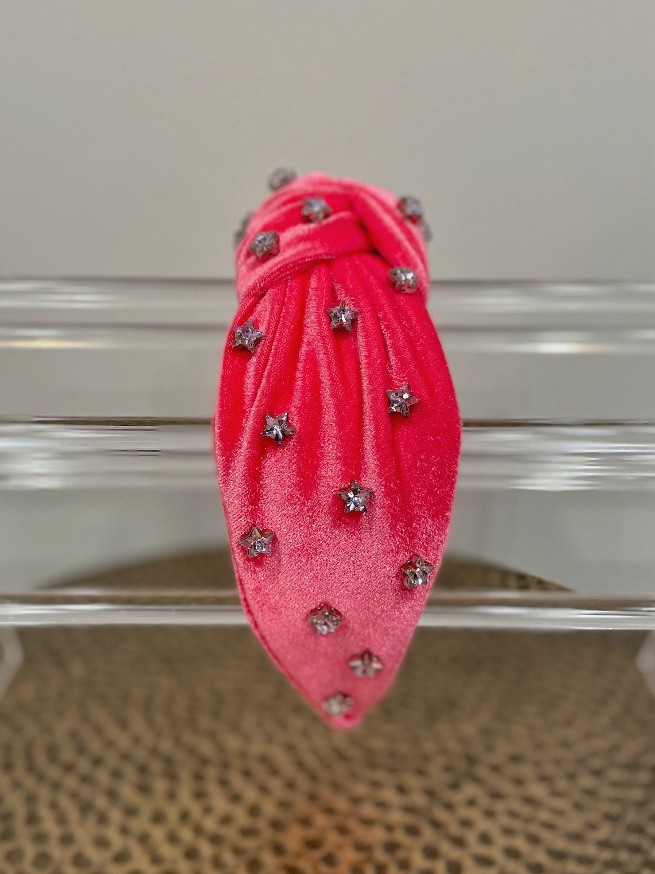 Hot Pink Jumbo Knotted Velvet Headband With Star Rhinestones 