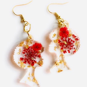 Handmade Afro Woman Earrings: Real Dried Red Flowers, Gold Flakes