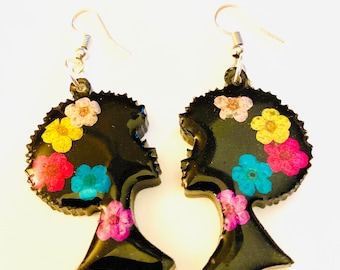 Afro Head Resin Earrings: Real Dried Flowers, Black Girl Magic