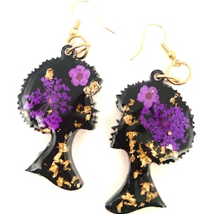 Handmade Real Dried Purple Flower Earrings | Afro Head| Black Girl Magic | Retro Flower| Earrings| Dangle Drop| Flower Jewelry