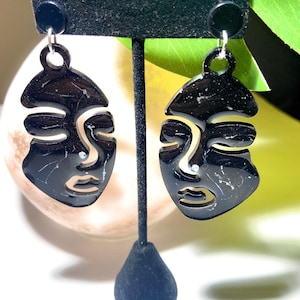 Abstract Face Earrings: Black Resin Picasso Style, Nickel-Free