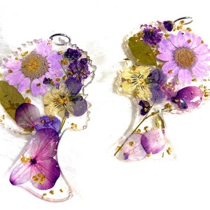 Handmade Afro Head Earrings: Real Dried Purple Flowers, Resin Dangle