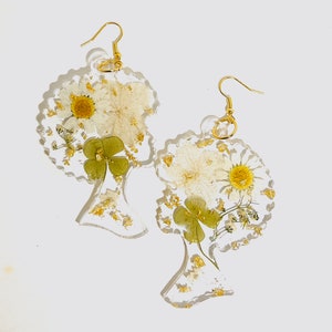 Handmade Resin Afro Earrings: Real Dried Cream Flowers, Gold Flakes