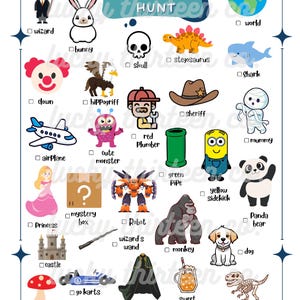 May include: A colourful scavenger hunt game featuring illustrations of a wizard, bunny, skull, stegosaurus, shark, clown, hippogriff, airplane, princess, mystery box, castle, red plumber, cute monster, green pipe, mummy, yellow sidekick, panda bear, wizard's wand, monkey, dog, go karts, mushroom, wizard's robe, sweet drink, and dinosaur bones. The text "UNIVERSE HOLLYWOOD SCAVENGER HUNT" is at the top.