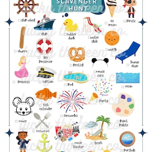 May include: A colorful DCL Cruise Scavenger Hunt game board featuring illustrations of a ship wheel, ship, rubber duck, water slide, ice cream, pirate, churro, life preserver, pretzel, lounge chair, princess, captain, pool, ocean, mouse ears, fish, fireworks, mouse, restaurant, party, paint palette, sailor, anchor, movie theater, beach, decorations, sun, and porthole.