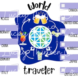 May include: A blue and white world globe with a checklist of countries to visit. The countries listed are Mexico, Norway, China, Germany, Italy, Canada, United Kingdom, France, Morocco, Japan, and United States. The text "World traveler" is written below the globe.