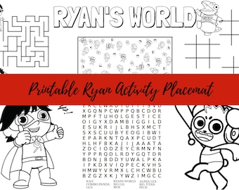 May include: A black and white printable activity placemat featuring Ryan's World characters. The placemat includes a maze, a word search, a connect the dots, and a find the hidden objects activity. The placemat is perfect for kids who love Ryan's World.