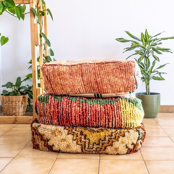 Pouf kilim amazigh marocain, pouf de sol, marocain vintage, coussin de méditation de yoga, oreillers kilim rouges extérieurs, oreiller de sol, tapis recyclés