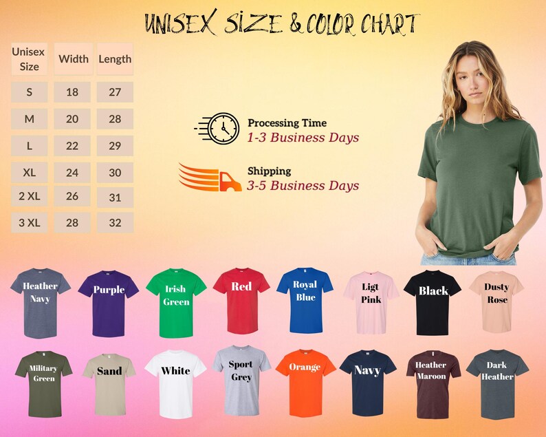 K&ouml;nnte beinhalten: Gr&ouml;&szlig;en- und Farbtabelle f&uuml;r Unisex-T-Shirts. Gr&ouml;&szlig;en von S bis 3XL, mit Breiten- und L&auml;ngenma&szlig;en in cm. Die Tabelle zeigt verschiedene T-Shirt-Farben, darunter Marine, Lila, Gr&uuml;n und Rot. Bearbeitungszeit 1-3 Werktage.