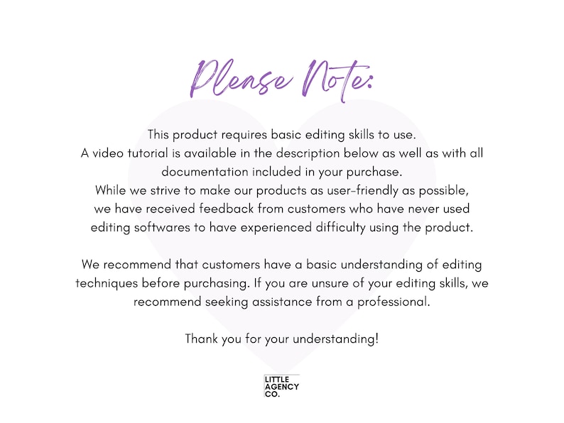 Customer advisory note explaining the need for basic digital editing knowledge to fully utilize our mockup templates for event planning and balloon designs