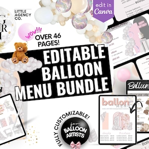 Balloon Menu Fully Customizable Canva 46 Pages Neutral Boho Template Bundle by Little Agency Co - Editable Price Lists & Garland Designs