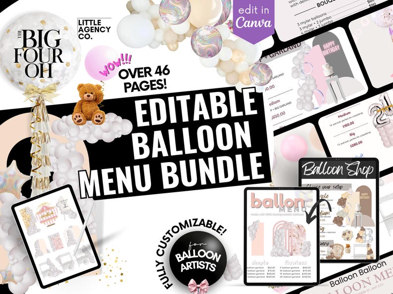 Fully editable balloon menu neutral beige boho offering editable party planning and balloon artist realistic images. Showcase your services with over 46 pages of customizable balloon colors, shapes, fonts, and branding to align with your offerings.