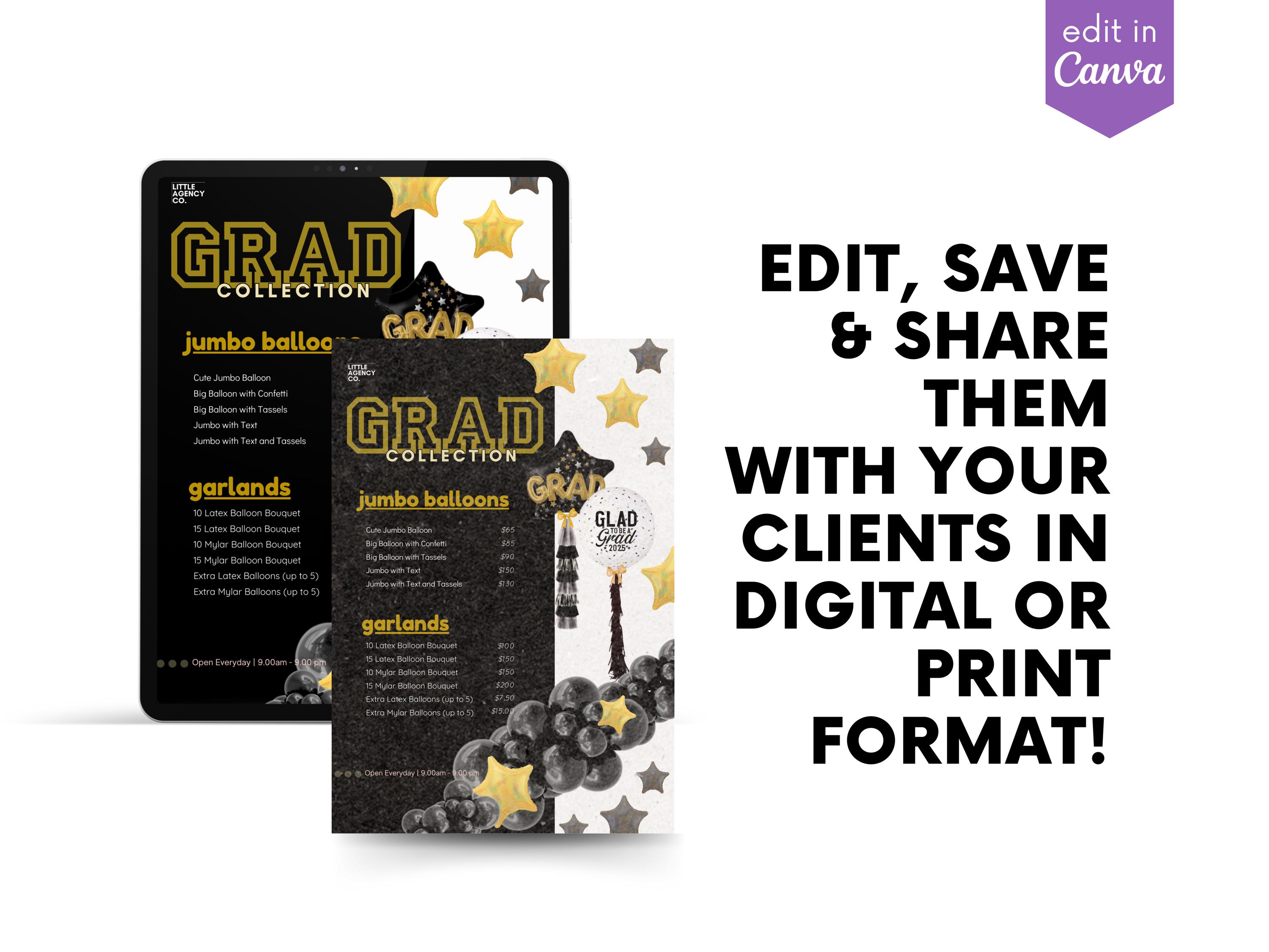 Grad Balloon Menu Prom & Grad Balloon Menu Template: Customizable Pricing Guide (canva ...