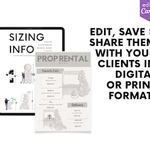 Preview of our premium Balloon Menu Collection Interactive digital balloon sizing info chart displayed on a tablet, from our event design software, ready to be customized in Canva and shared with clients in digital or print formats for event planning